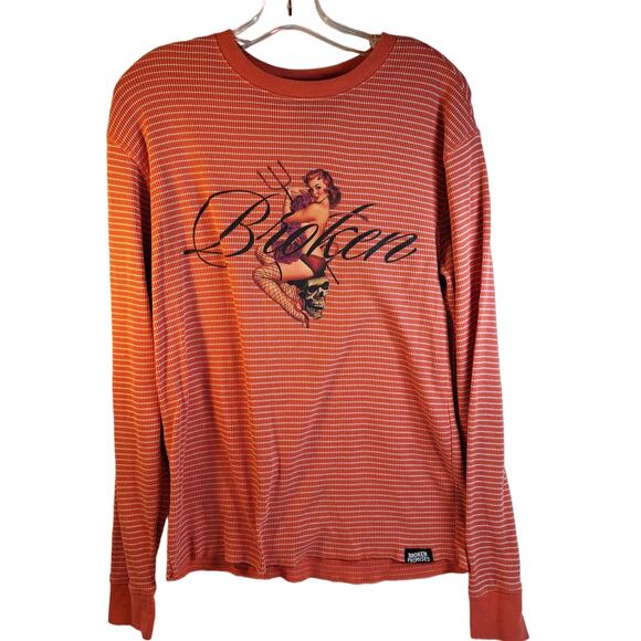Broken Promises Thermal Tee Womens Size S Runs Large Orange Pin-up Skull Fishnet - Picture 1 of 10